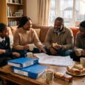 family in the lounge discussing taking a loan against their investment portfolio for a home renovation