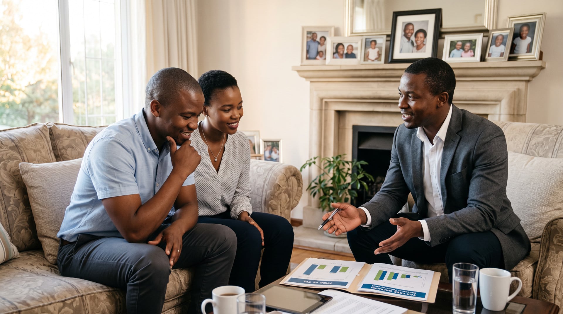 financial advisor presenting tax free investments to a couple at home.