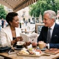 mixed race couple discussing behavioural investing principles at a roadside cafe