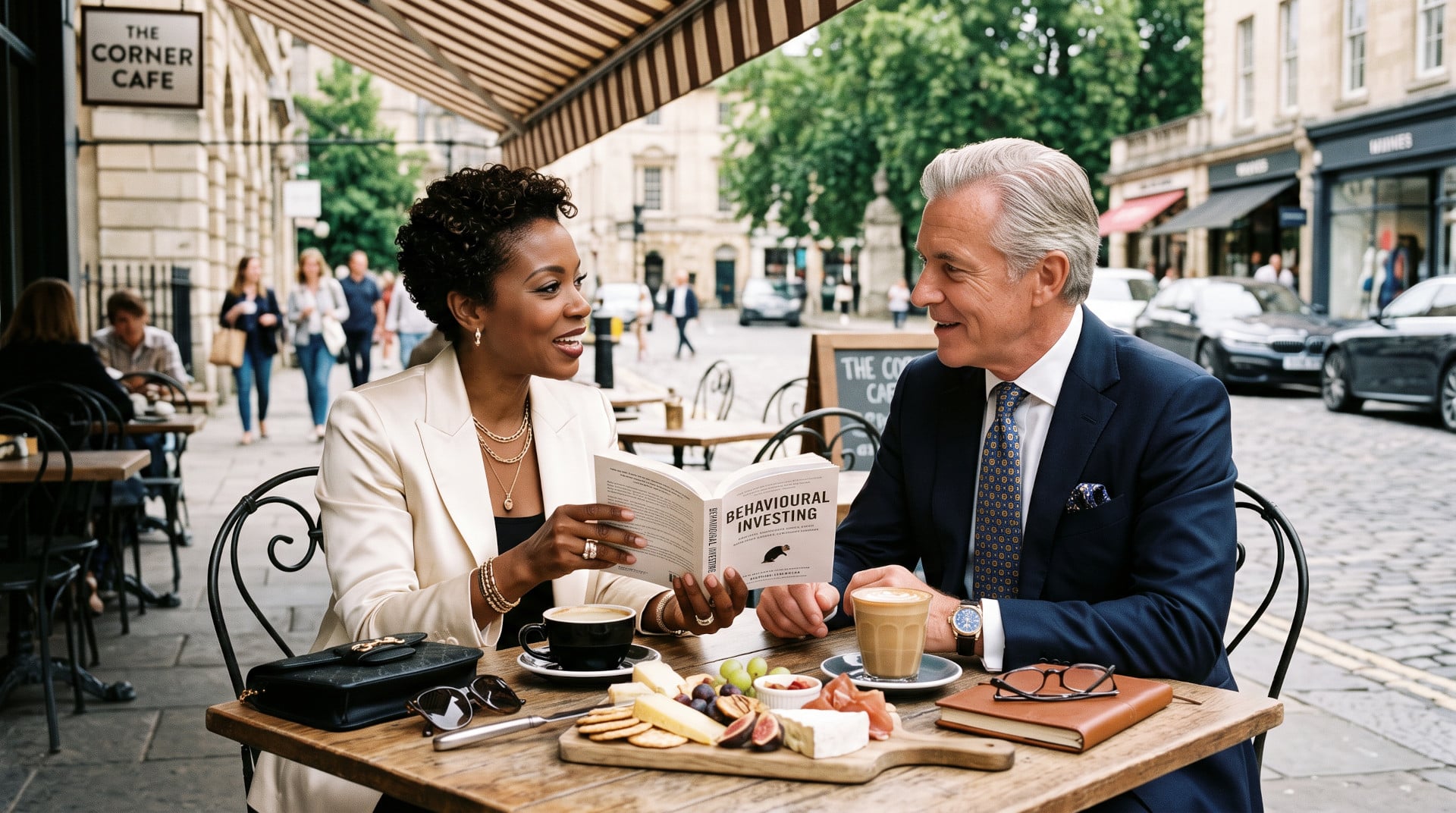 mixed race couple discussing behavioural investing principles at a roadside cafe