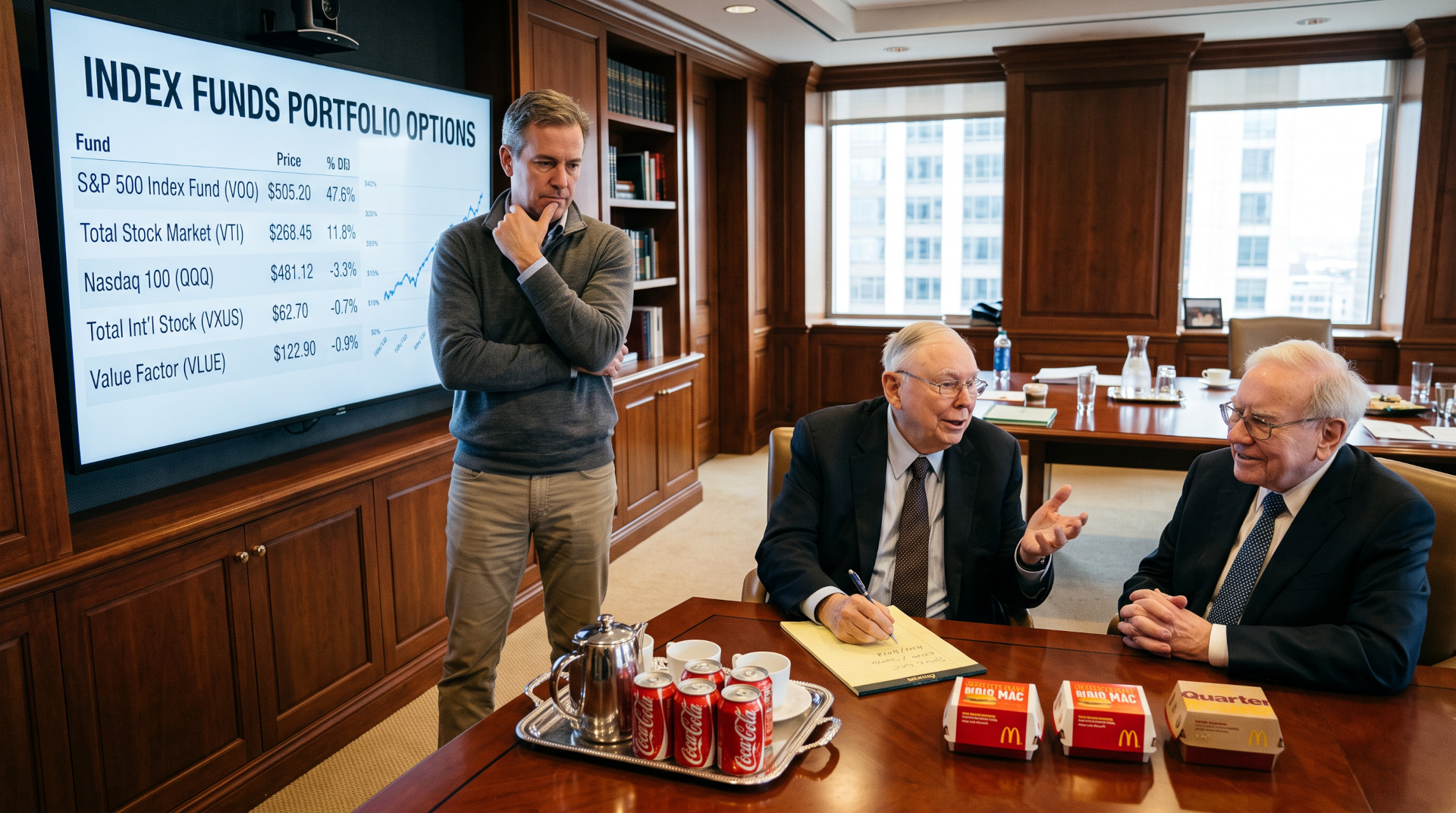 munger and buffet in their office considering index fund investments