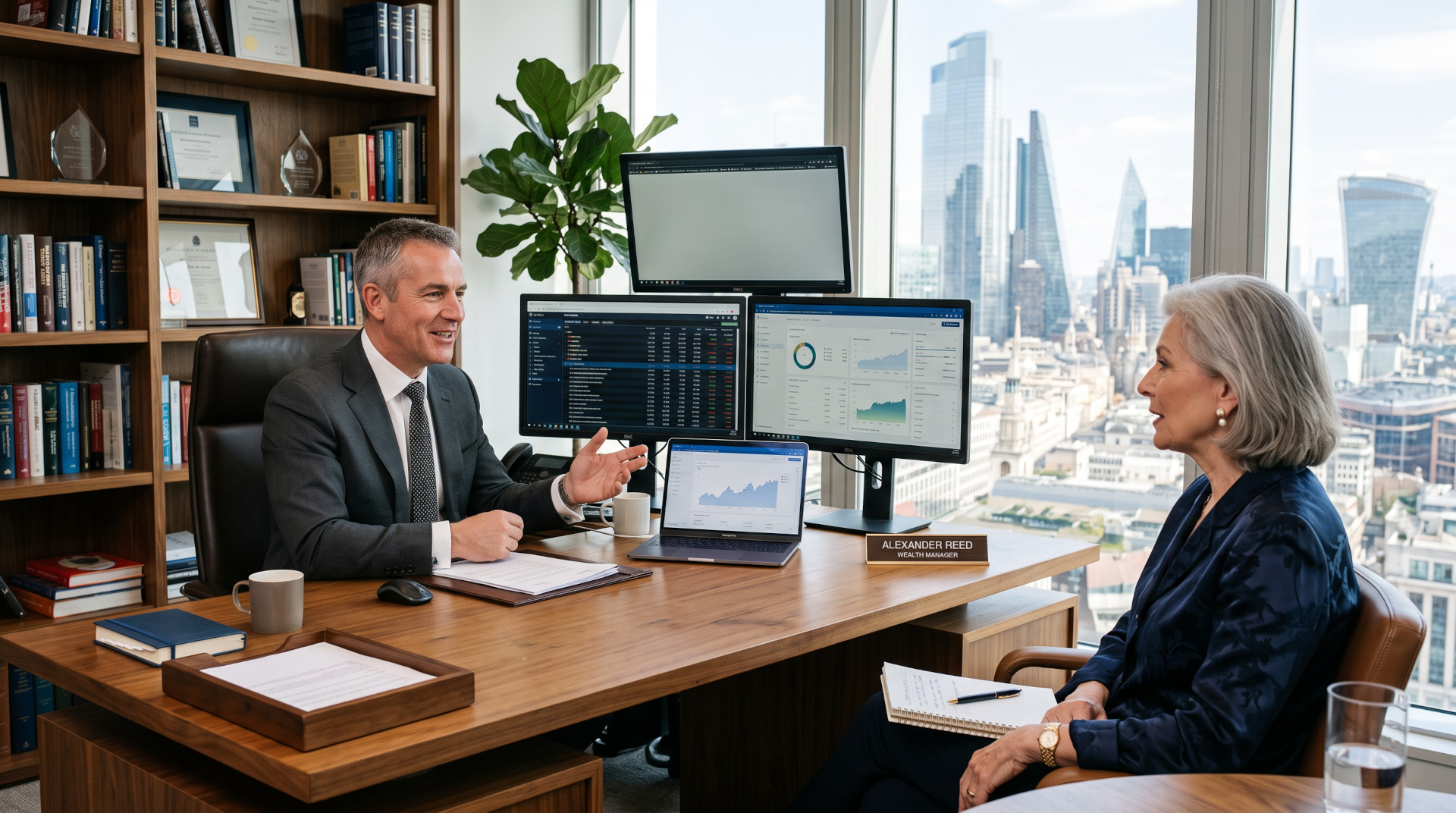 wealth manager consulting elderly wealthy woman