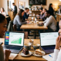 two young black women in a coffee shop comparing their investment portfolios. Investing vs Saving