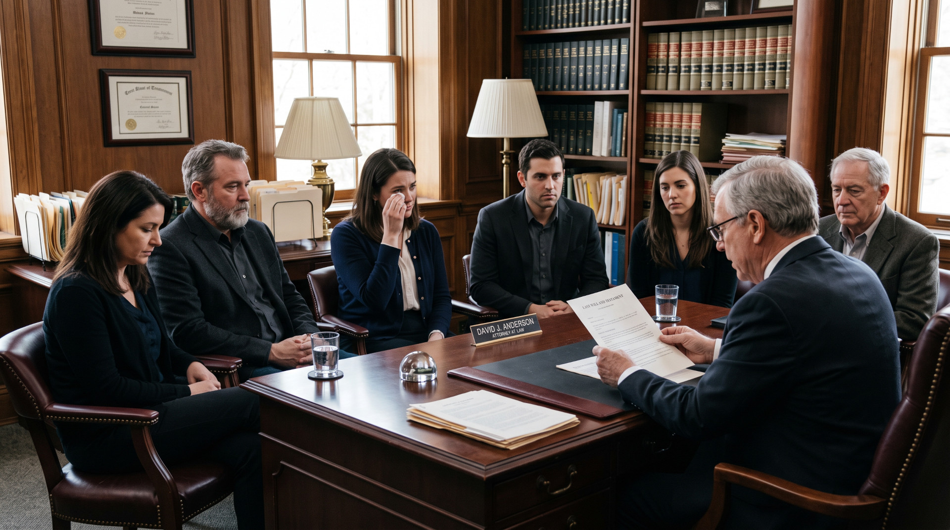 beneficiaries sitting in an attorneys office for the reading of a will