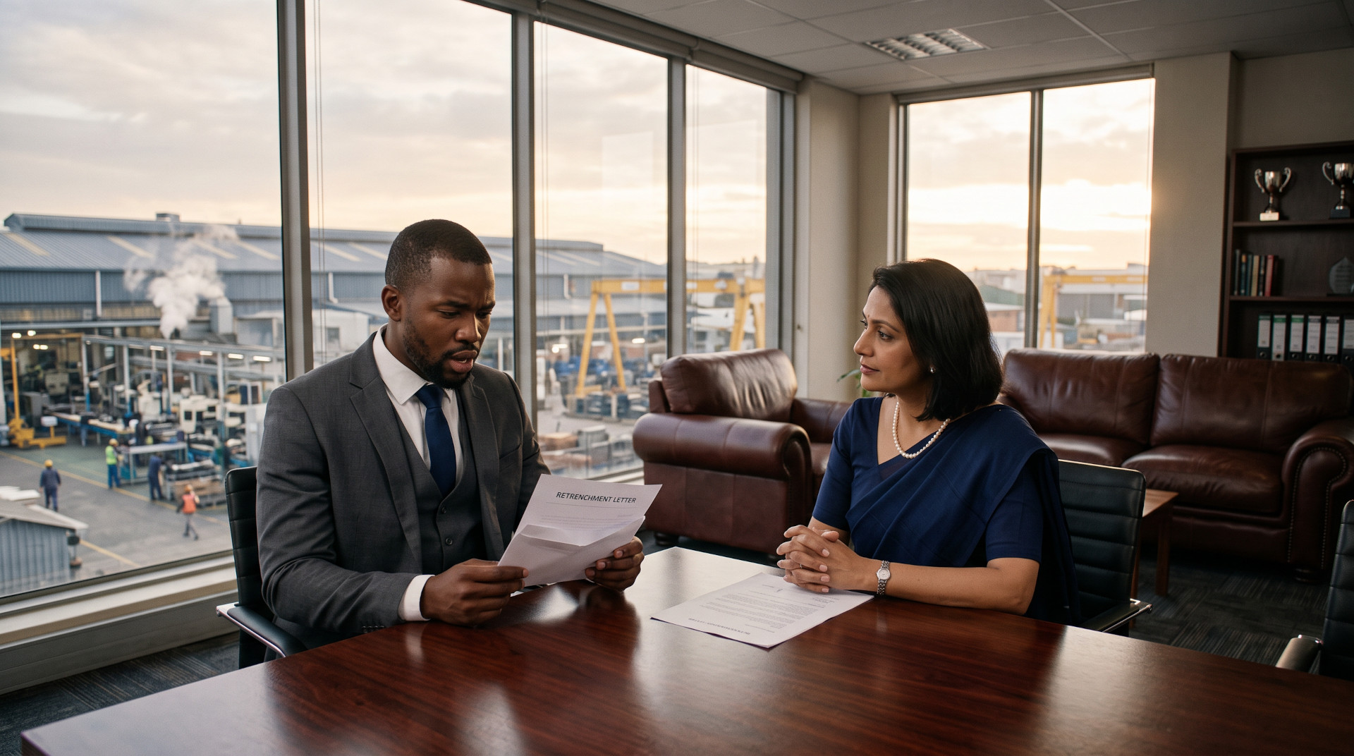 man being handed a retrenchment letter by a female boss